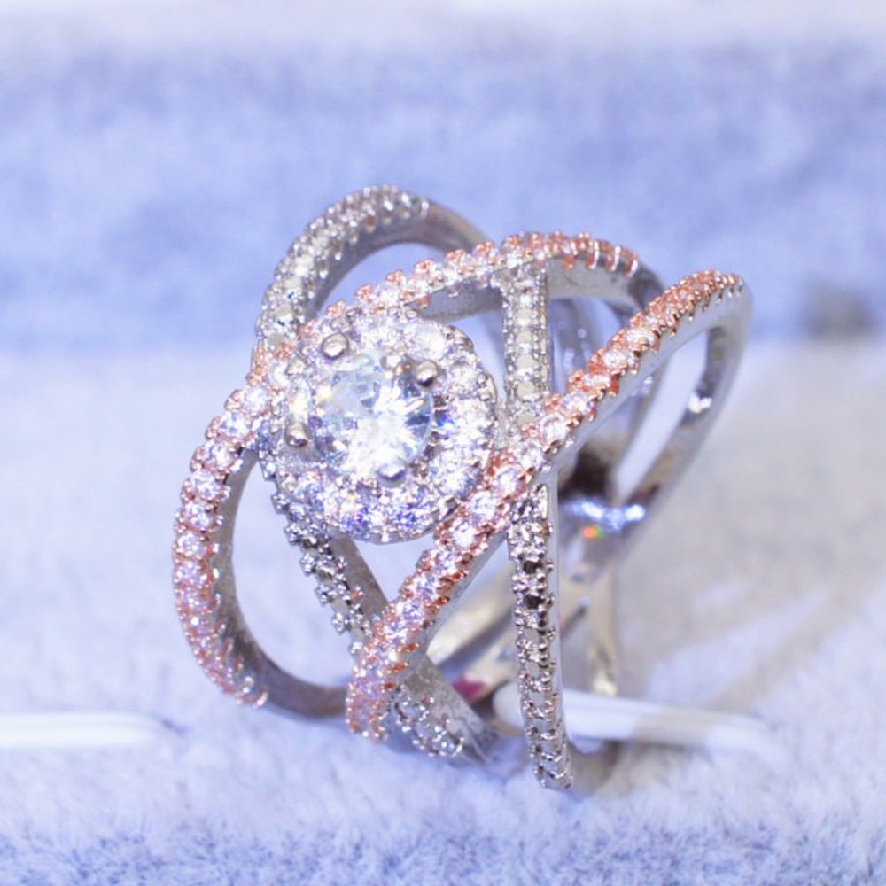 NEW Two Tone 18K Rose & White Gold Diamond Halo Layer Ring - Picture 5 of 5